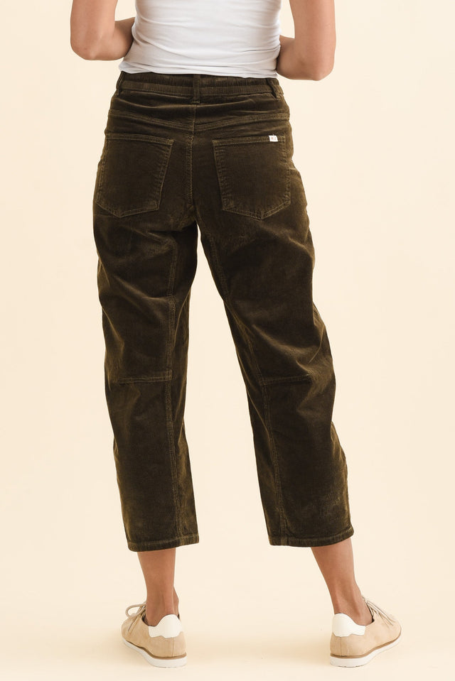 Denny Dark Green Corduroy Barrel Jeans,Brunette model,alt text|model:Cara image 5