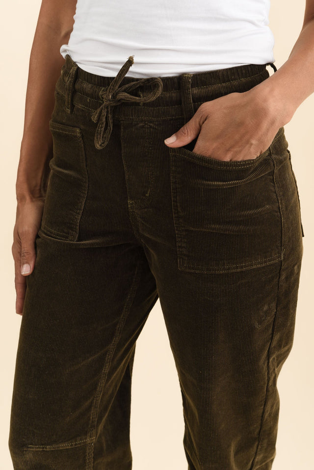 Denny Dark Green Corduroy Barrel Jeans,Brunette model,alt text|model:Cara image 6