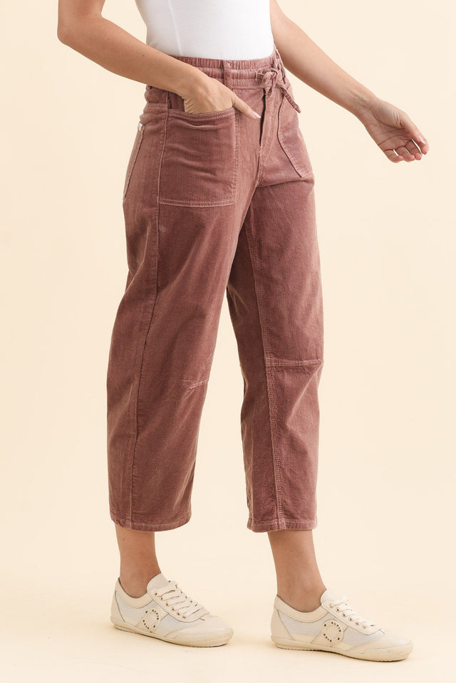 Denny Dusty Pink Corduroy Barrel Jeans,Brunette model,alt text|model:MJ image 4
