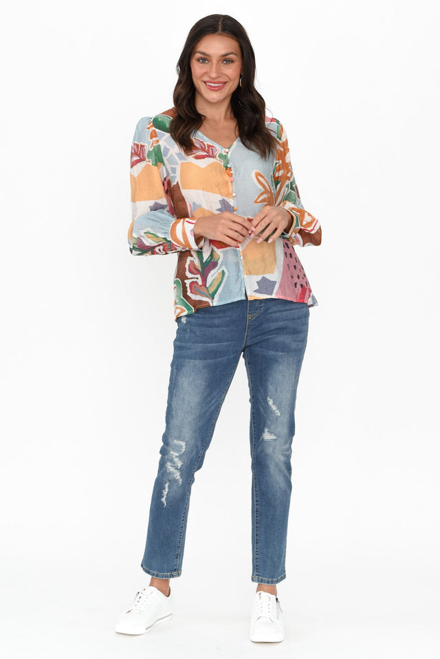 Derine Blue Abstract Button Blouse