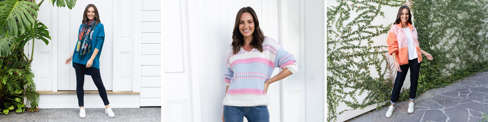 Brunette women wearing colourful outfits to discover their colour palette.