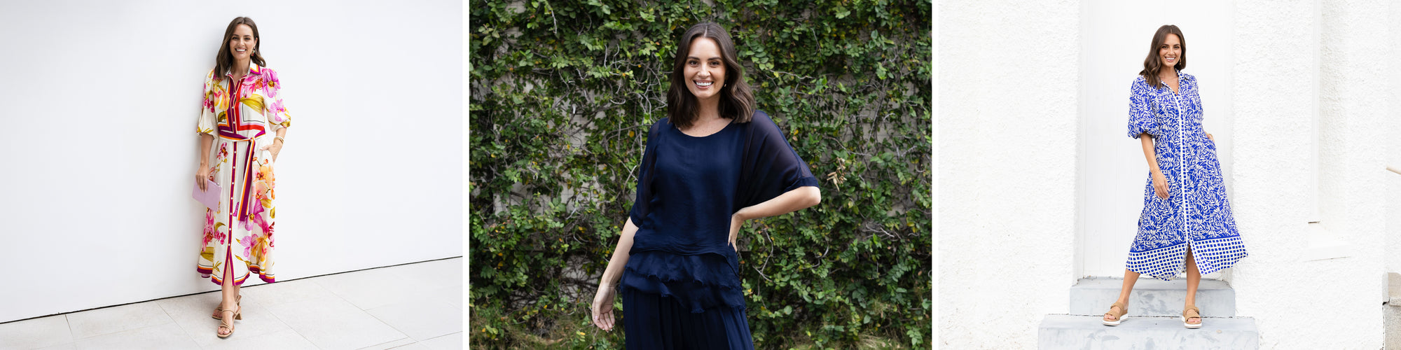 Brunette model wearing three different outfits with florals and a navy silk fabric