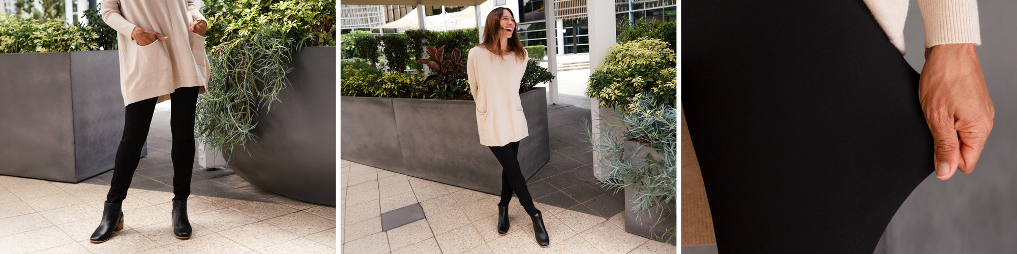 Brunette woman wearing black Ponte pants with a beige knit and black ankle boots.