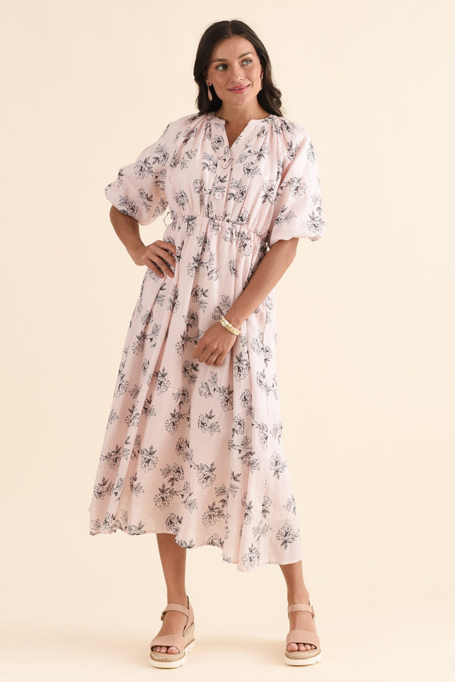 Destiny Pink Floral Linen Tie Dress,Front,Brunette model,alt text|model:Brontie image 1