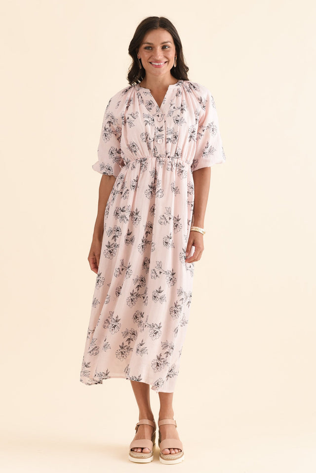 Destiny Pink Floral Linen Tie Dress,Full Body,Brunette model,alt text|model:Brontie image 2