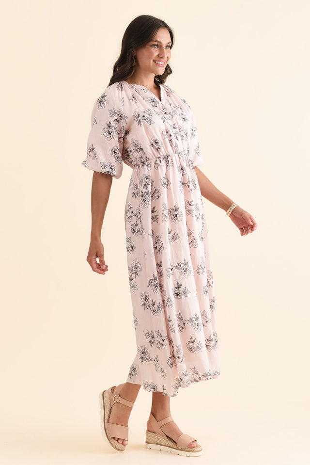 Destiny Pink Floral Linen Tie Dress,Side,Brunette model,alt text|model:Brontie image 3