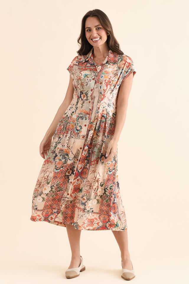Dina Orange Motif Tie Dress,Front,Brunette model,alt text|model:MJ