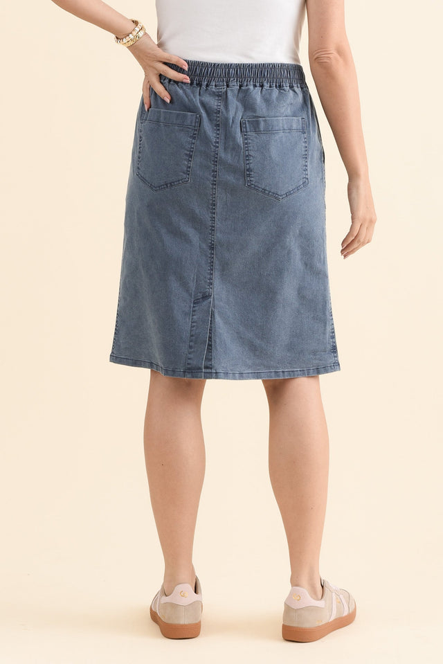 Dinah Washed Blue Cotton Drawstring Skirt,Back,Brunette model,alt text|model:MJ image 5
