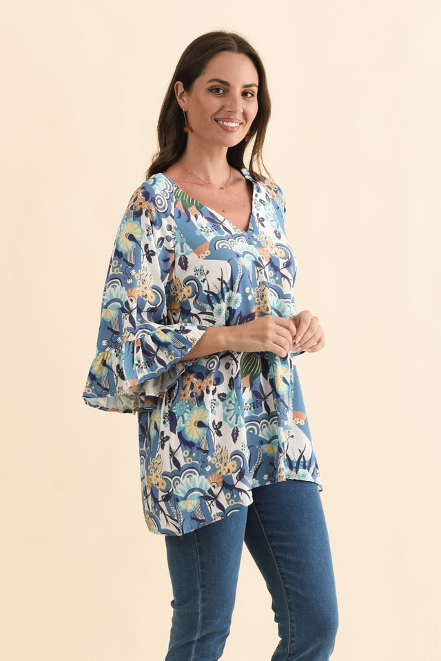 Diona Blue Floral Frill Sleeve Top,Brunette model,alt text|model:MJ image 4