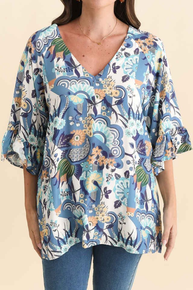 Diona Blue Floral Frill Sleeve Top,Brunette model,alt text|model:MJ image 6