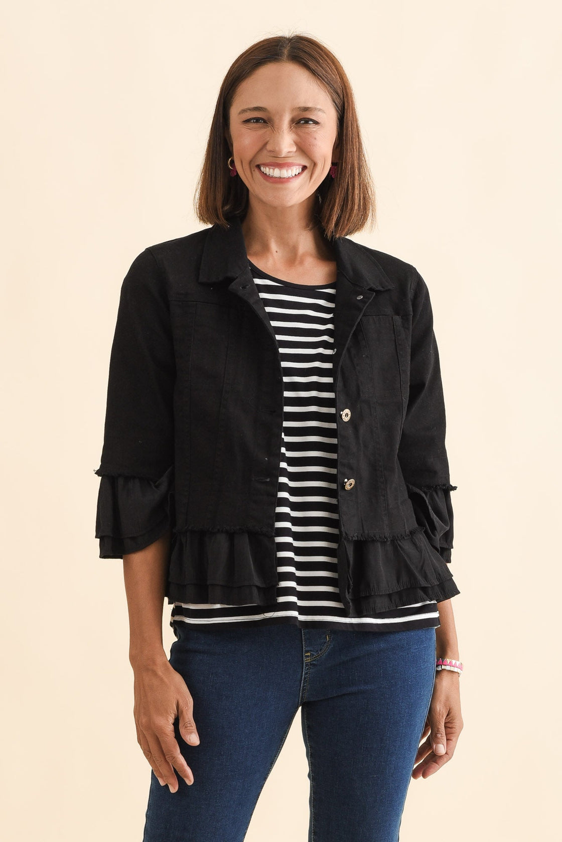 Dolores Black Cotton Frill Jacket - Blue Bungalow NZ