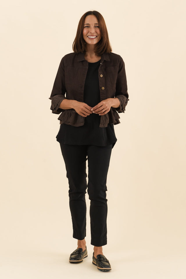 Dolores Chocolate Cotton Frill Jacket,Full Body,Brunette model,alt text|model:Cara image 2