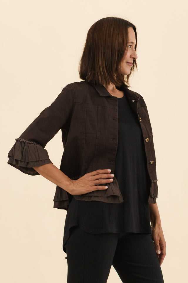 Dolores Chocolate Cotton Frill Jacket,Side,Brunette model,alt text|model:Cara image 3