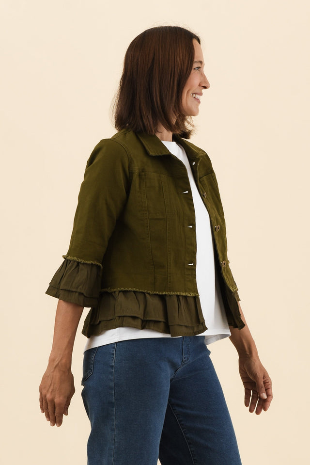Dolores Khaki Cotton Frill Jacket,Side,Brunette model,alt text|model:Cara image 4