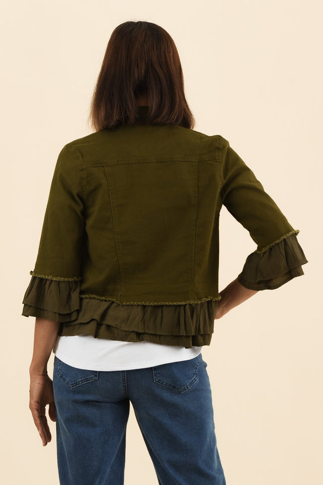 Dolores Khaki Cotton Frill Jacket,Back,Brunette model,alt text|model:Cara image 5