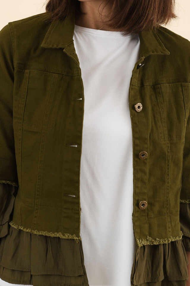 Dolores Khaki Cotton Frill Jacket,Detail,Brunette model,alt text|model:Cara image 6