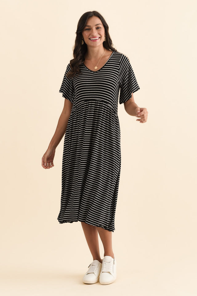 Donna Black Stripe Gathered Dress,Brunette model,alt text|model:Brontie image 3