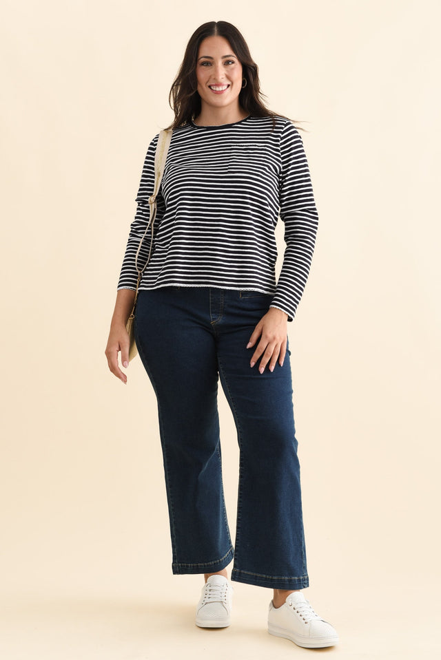 Drea Navy Stripe Cotton Long Sleeve Tee,Brunette model,alt text|model:Emilia image 9