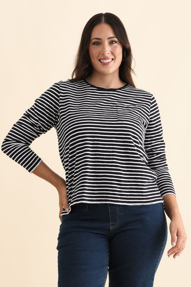Drea Navy Stripe Cotton Long Sleeve Tee,Brunette model,alt text|model:Emilia image 8