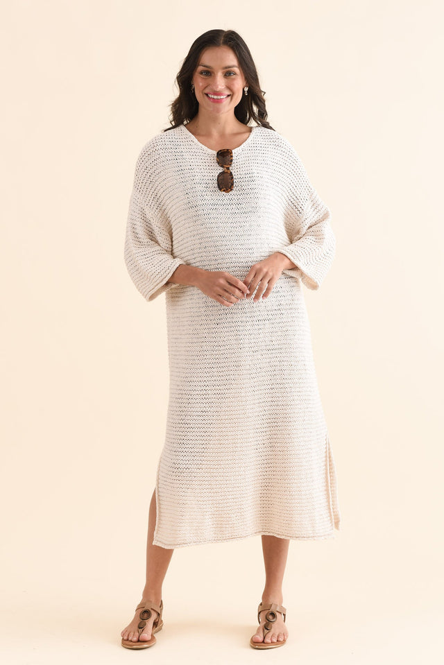 Dream Cream Knit Sleeved Dress,Front,Brunette model,alt text|model:Brontie image 1