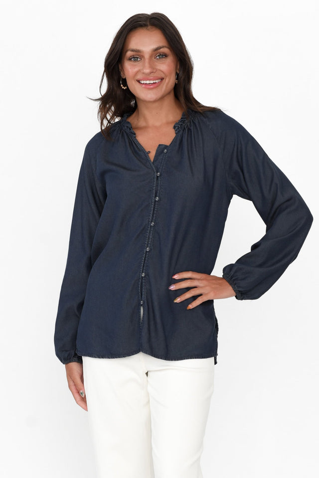 Drew Blue Denim Button Blouse neckline_V Neck  alt text|model:Brontie;wearing:AU 8 / US 4