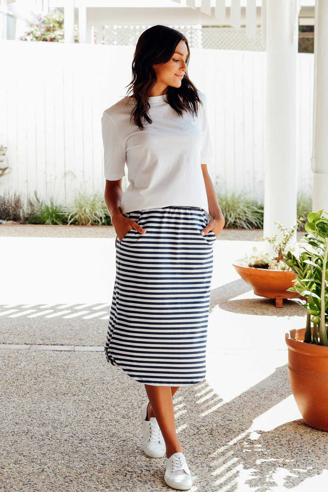 Evie Navy Stripe Cotton Blend Skirt