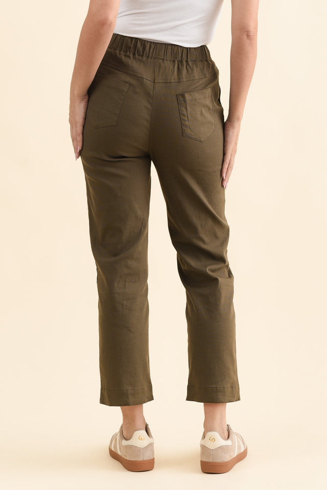 Edia Khaki Linen Blend Pants,Brunette model,alt text|model:MJ image 6