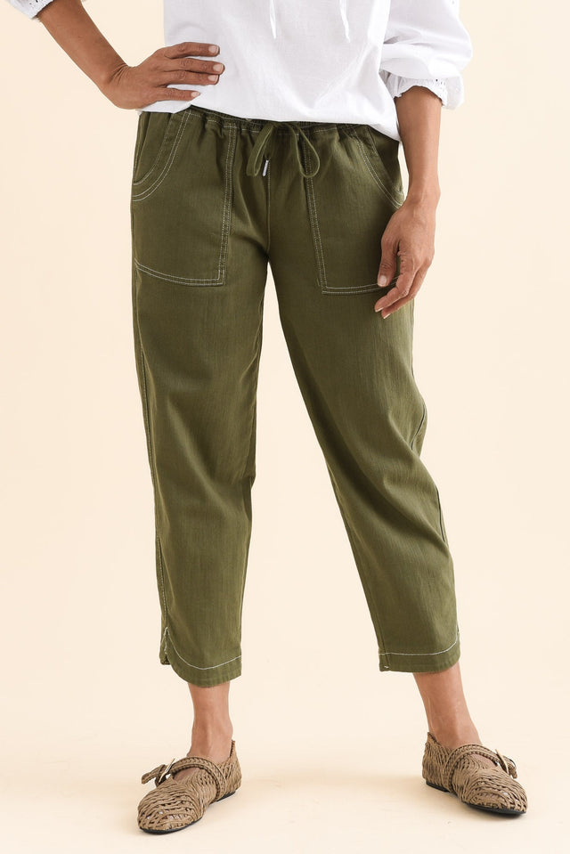 Eliana Olive Cotton Stretch Jeans,Front,Brunette model,alt text|model:Cara