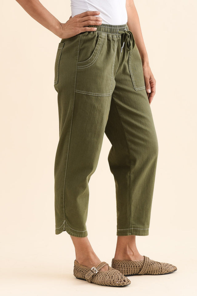 Eliana Olive Cotton Stretch Jeans,Full Body,Brunette model,alt text|model:Cara image 3