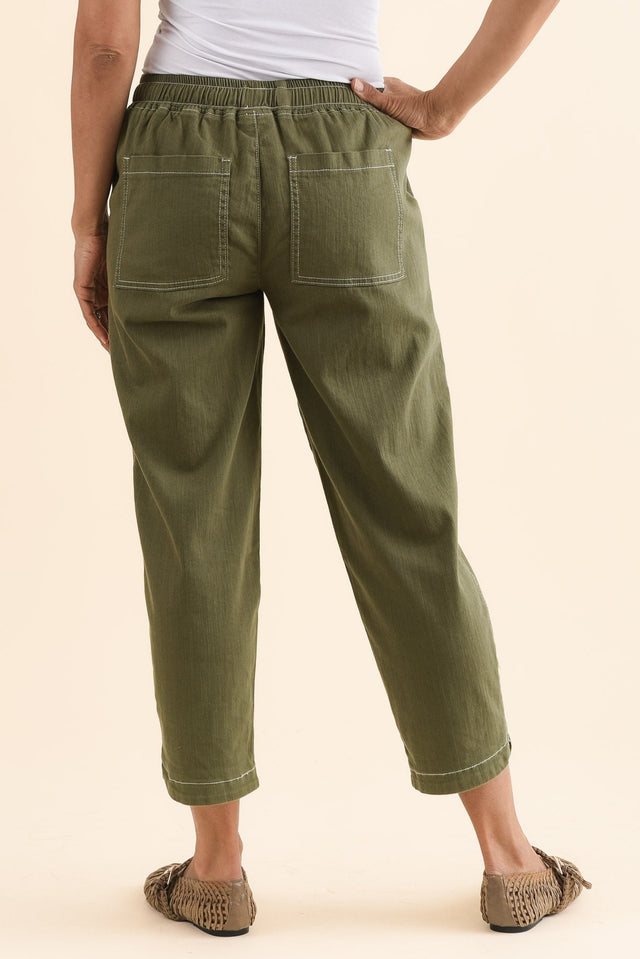 Eliana Olive Cotton Stretch Jeans,Side,Brunette model,alt text|model:Cara image 4