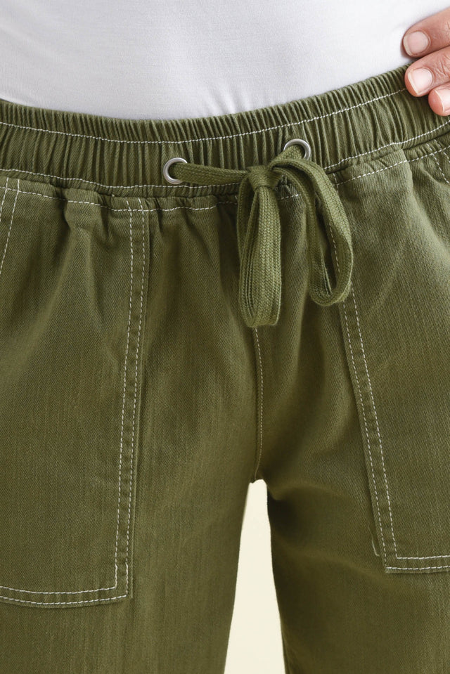 Eliana Olive Cotton Stretch Jeans,Back,Brunette model,alt text|model:Cara image 5