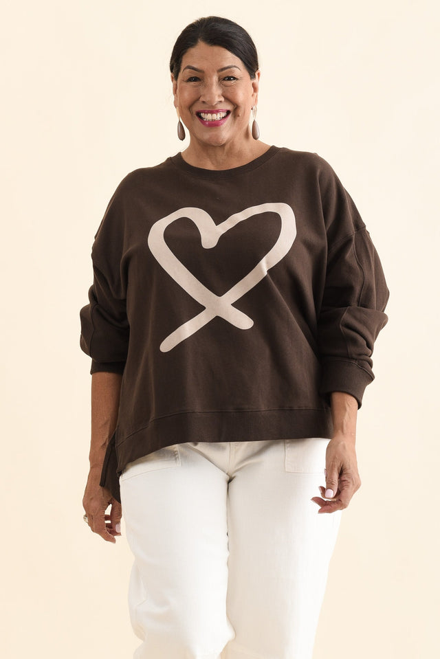 Elin Chocolate Heart Cotton Sweatshirt,Front,Brunette model,alt text|model:Pilita