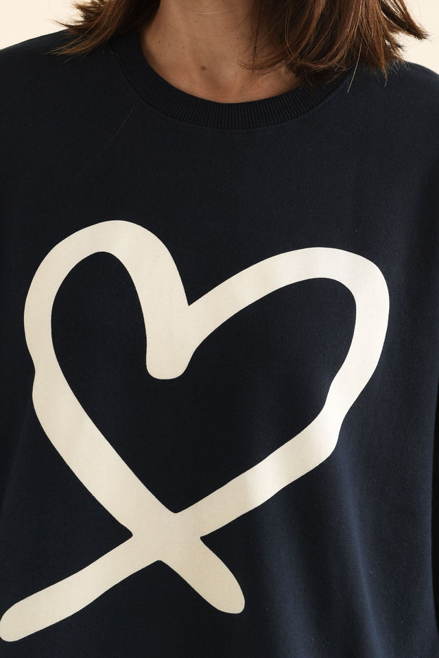 Elin Navy Heart Cotton Sweatshirt,brunette model,Close up of outfit,alt text|model:Cara image 5