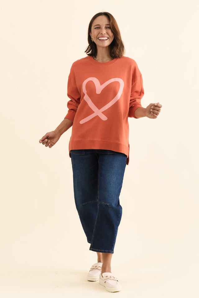 Elin Orange Heart Cotton Sweatshirt,Full Body,Brunette model,alt text|model:Cara image 7