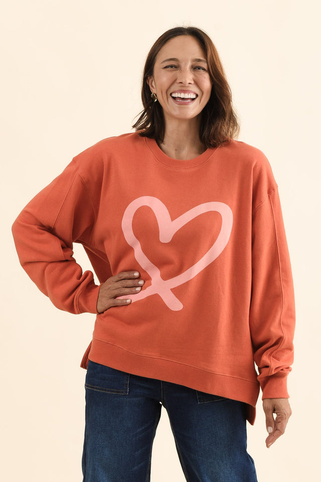 Elin Orange Heart Cotton Sweatshirt,Front,Brunette model,alt text|model:Cara