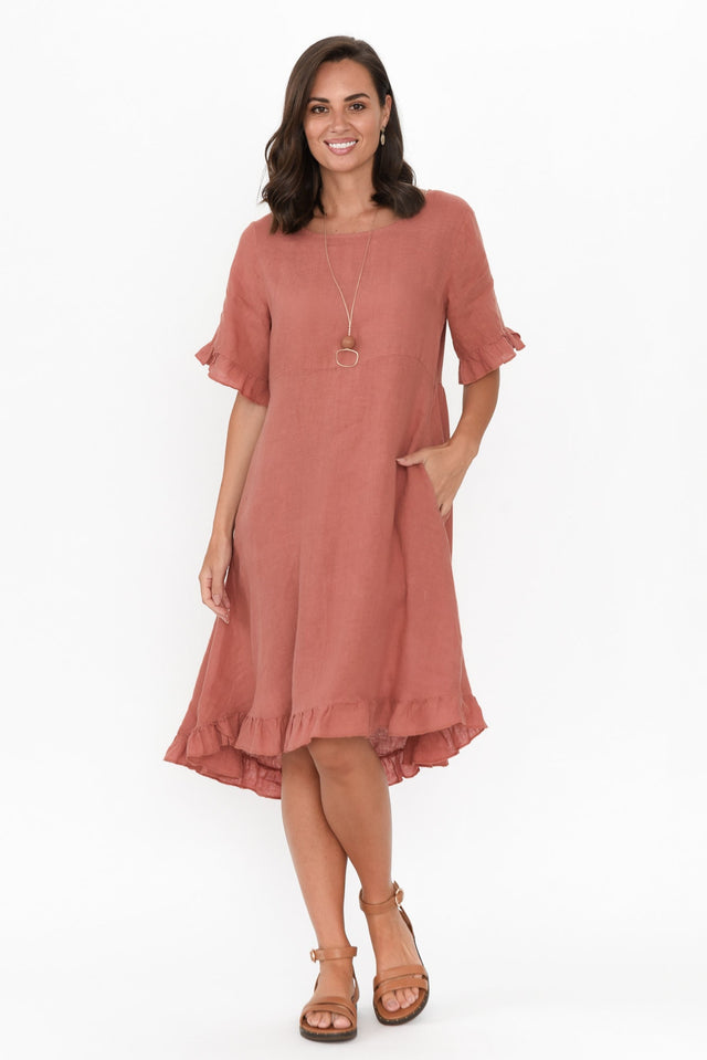 Elodie Coral Linen Frill Dress
