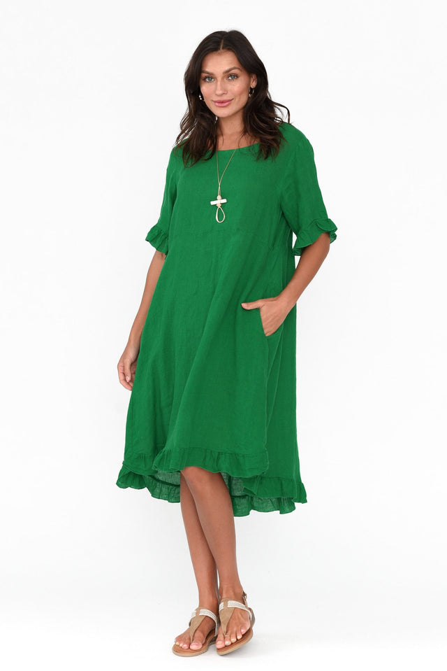 Elodie Green Linen Frill Dress