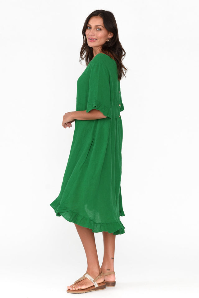 Elodie Green Linen Frill Dress