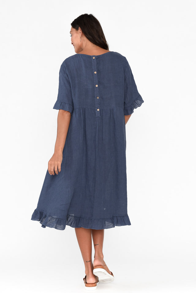 Elodie Washed Navy Linen Frill Dress