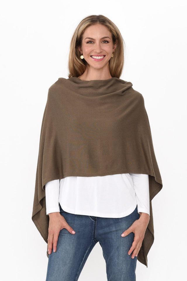 Elorie Khaki Cotton Cashmere Poncho