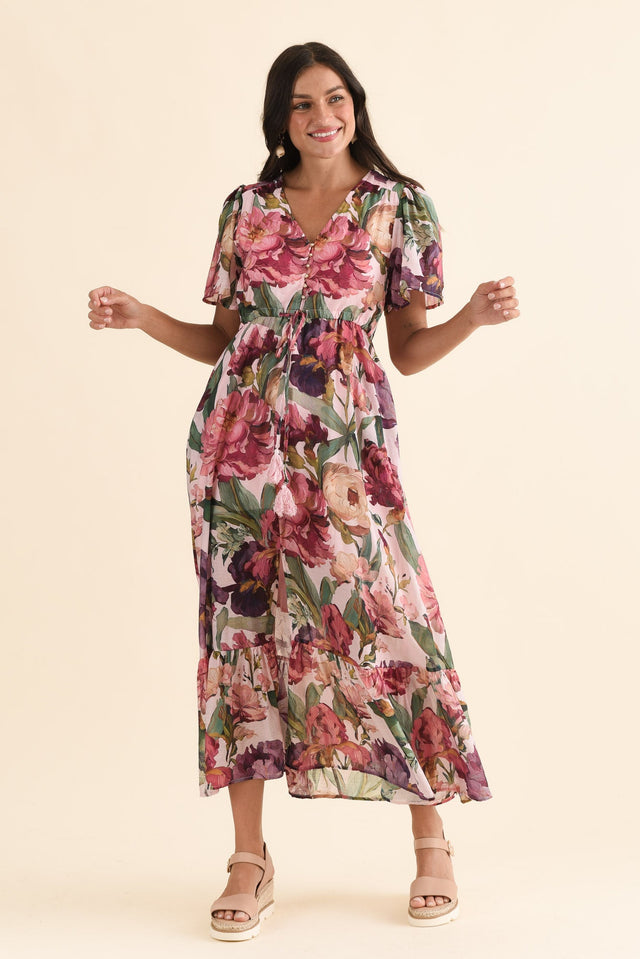 Elva Pink Floral Tie Dress,Full Body,Brunette model,alt text|model:Brontie image 6