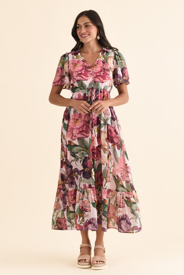 Elva Pink Floral Tie Dress,Front,Brunette model,alt text|model:Brontie