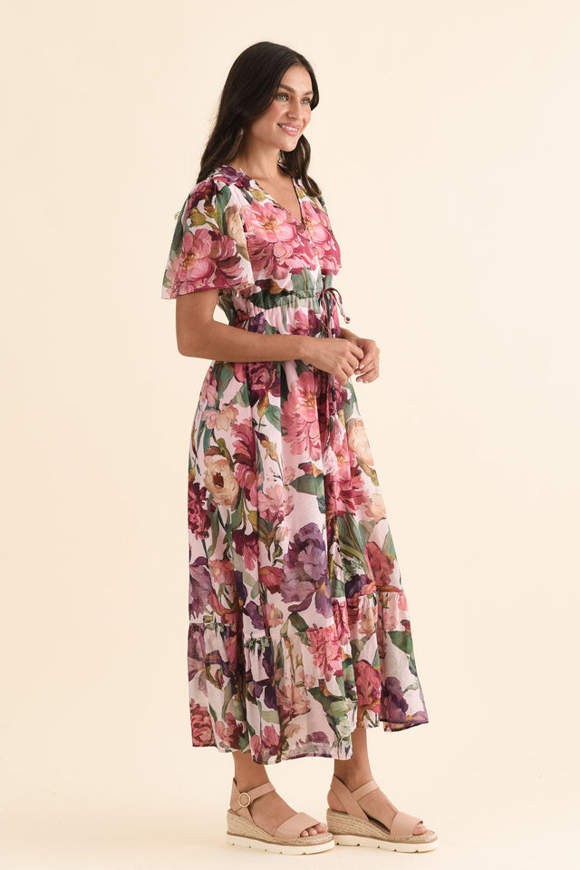 Elva Pink Floral Tie Dress,Side,Brunette model,alt text|model:Brontie image 3
