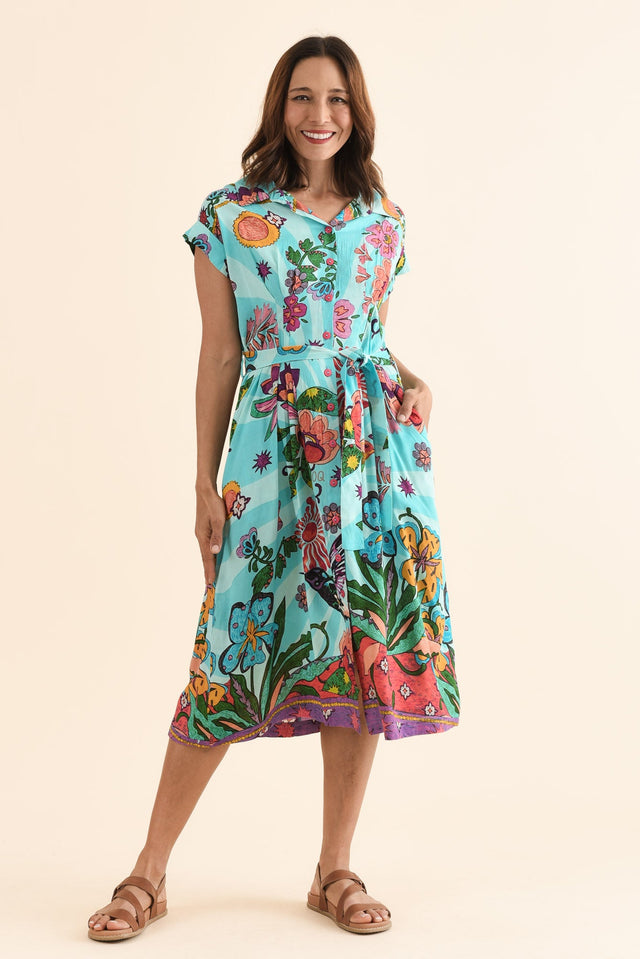 Emoha Blue Floral Tie Dress,Full Body,Brunette model,alt text|model:Cara image 2