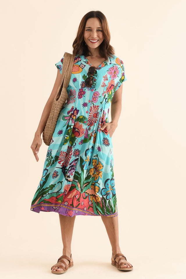 Emoha Blue Floral Tie Dress,Front,Brunette model,alt text|model:Cara image 1