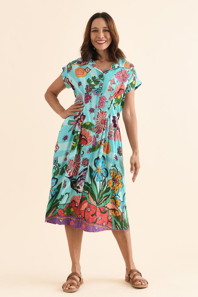 Emoha Blue Floral Tie Dress,Full Body,Brunette model,alt text|model:Cara image 6