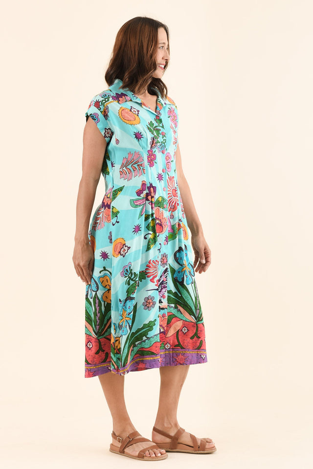 Emoha Blue Floral Tie Dress,Side,Brunette model,alt text|model:Cara image 3