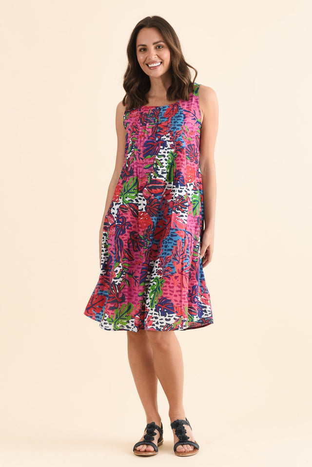 Enya Purple Leaf Cotton Dress,Full Body,Brunette model,alt text|model:MJ image 2
