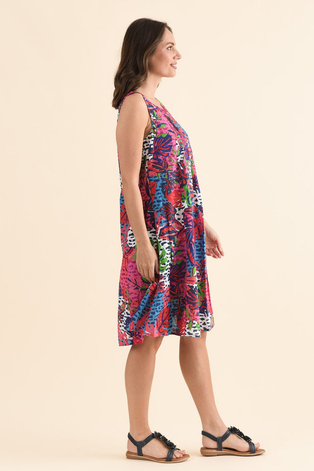 Enya Purple Leaf Cotton Dress,Side,Brunette model,alt text|model:MJ image 3