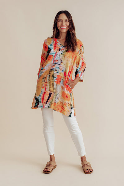 Enzo Orange Floral V Neck Tunic